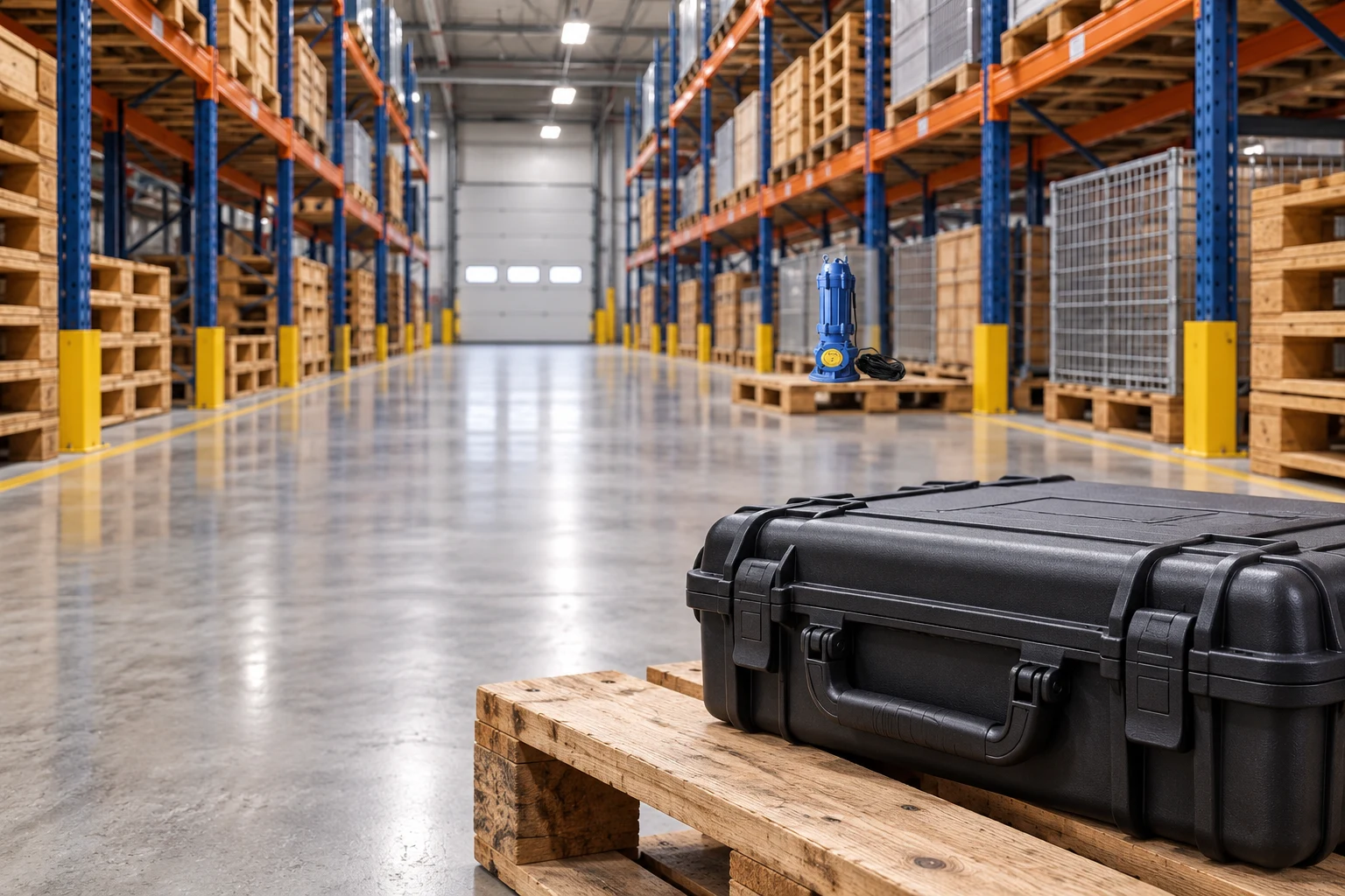Inspection tool case and pump awaiting service in warehouse aisle