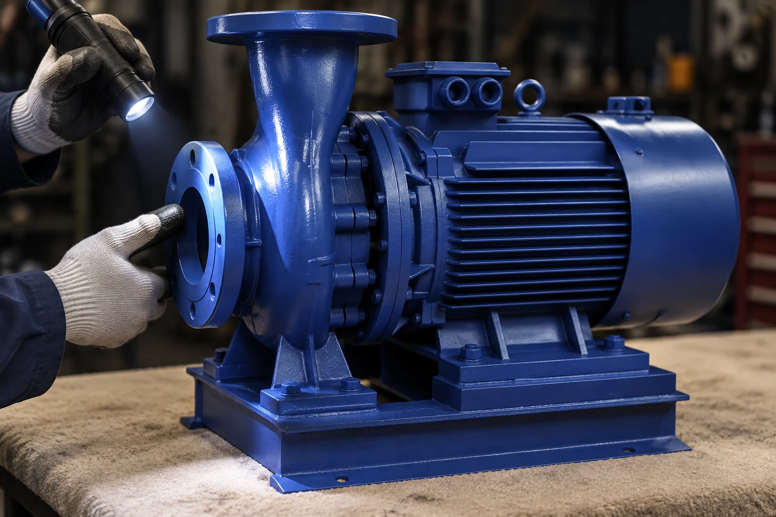 Flashlight inspection of the disconnected blue pump inlet exterior