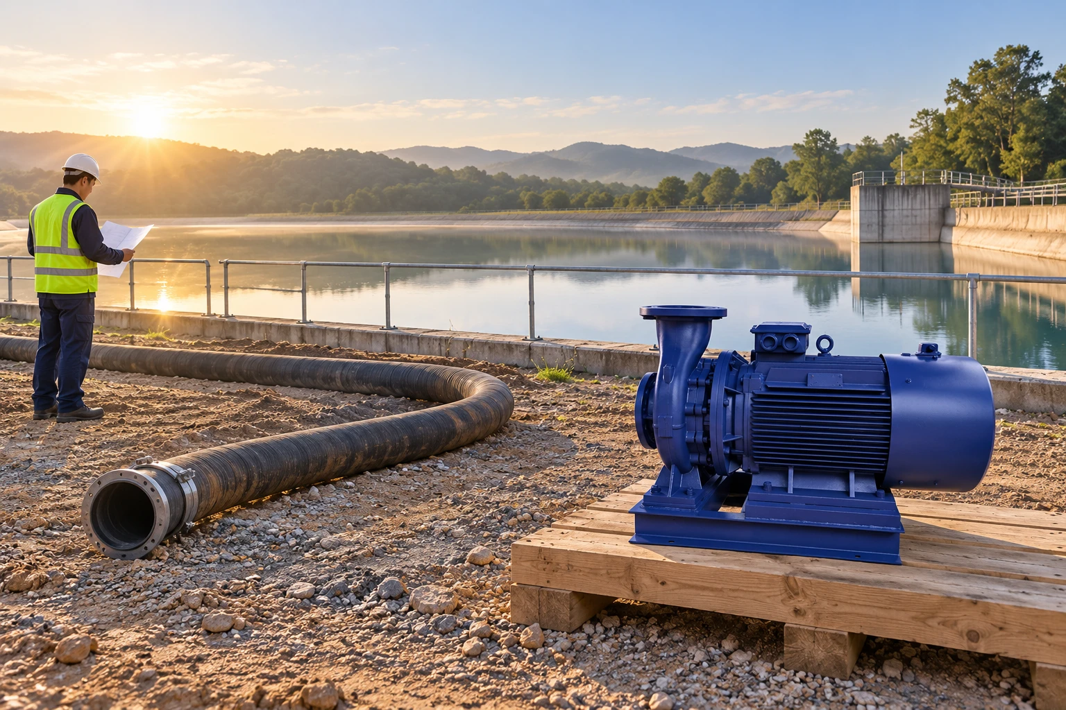 Engineer recording water-source conditions beside a disconnected blue pump