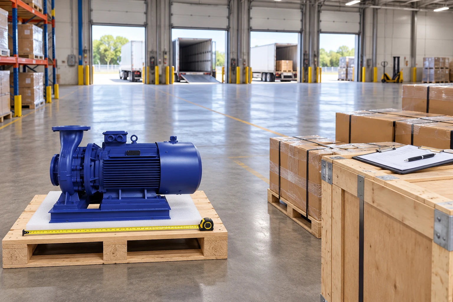 Referenced blue pump on a padded pallet during receiving inspection