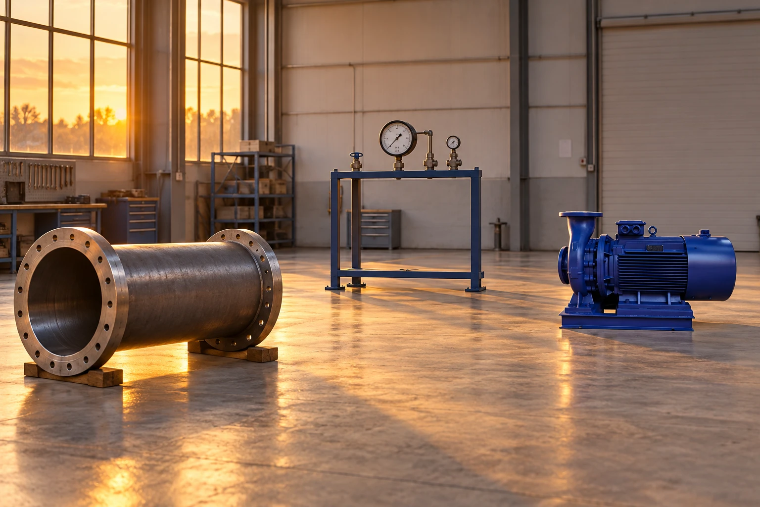 Reference pump and separate pipe spool in an inspection workshop