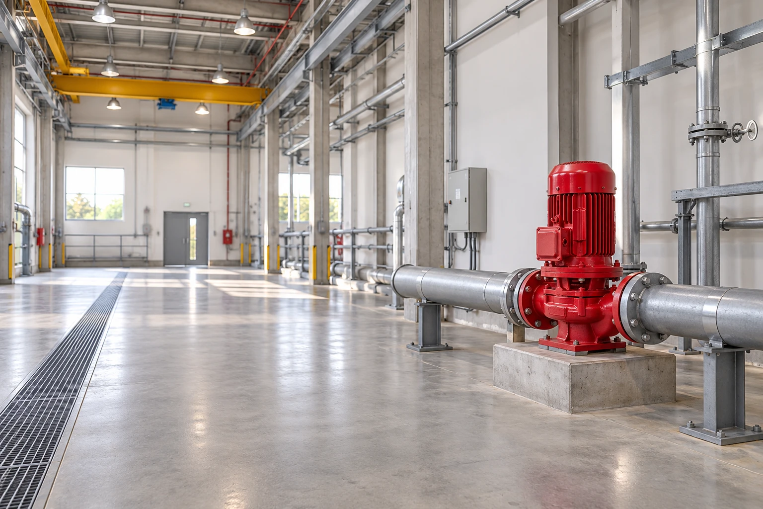 Reference red vertical pump in a spacious supported piping illustration