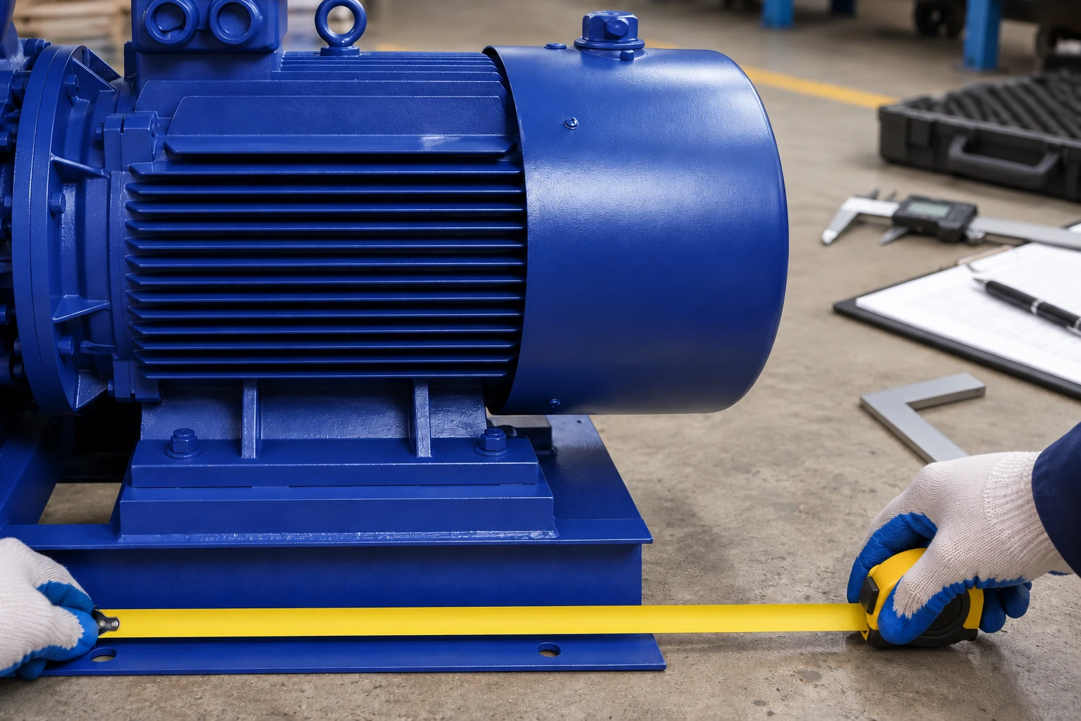 Close inspection of reference blue pump motor and base with an unmarked tape