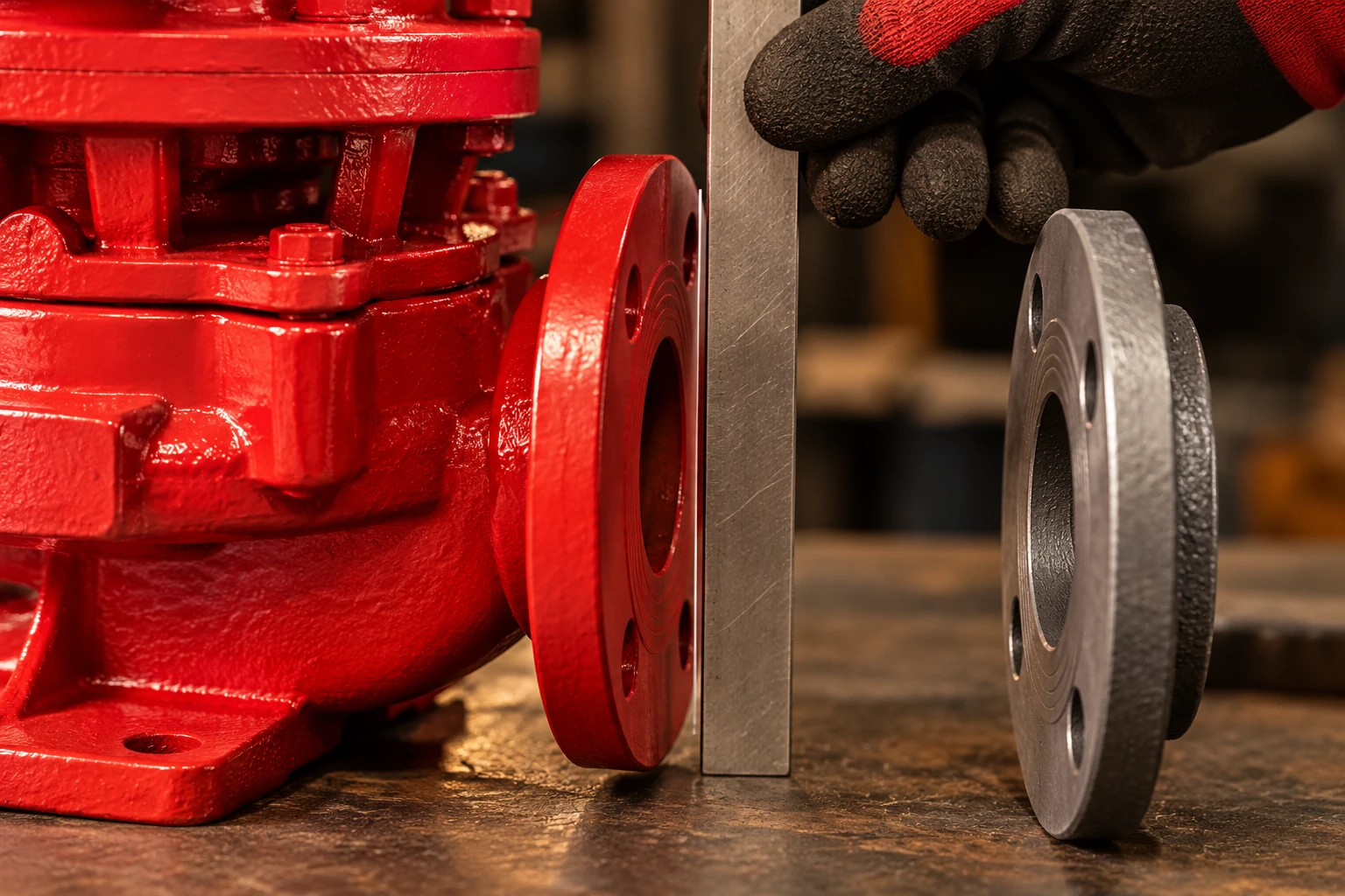 Exterior inspection of reference red pump flange before assembly