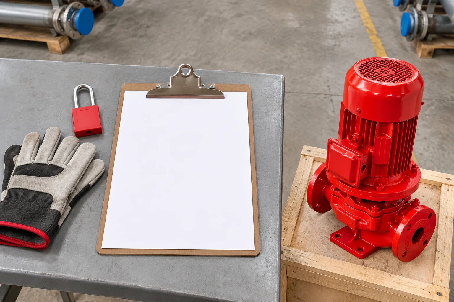 Reference red pump alongside isolated commissioning records