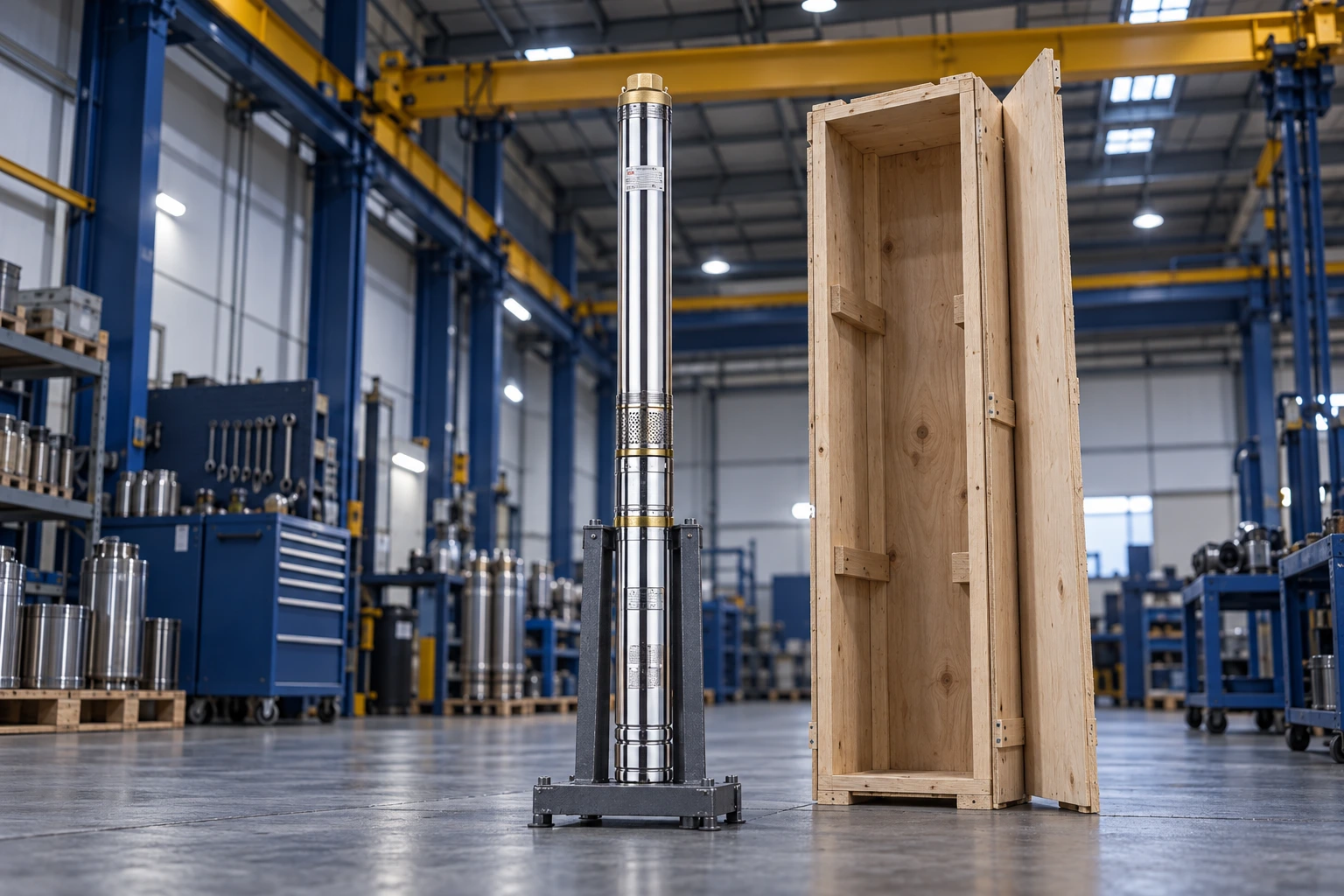 Reference QJ pump in an indoor service stand beside an open transport crate