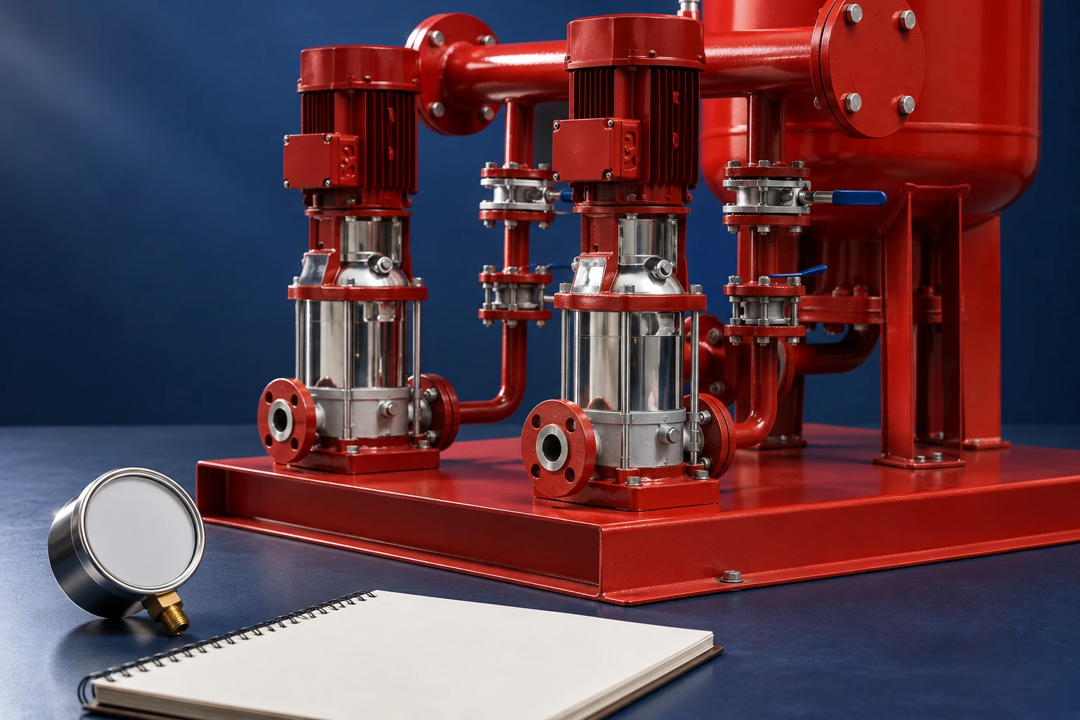 Reference twin stainless pump stacks and red manifold beside blank inspection records
