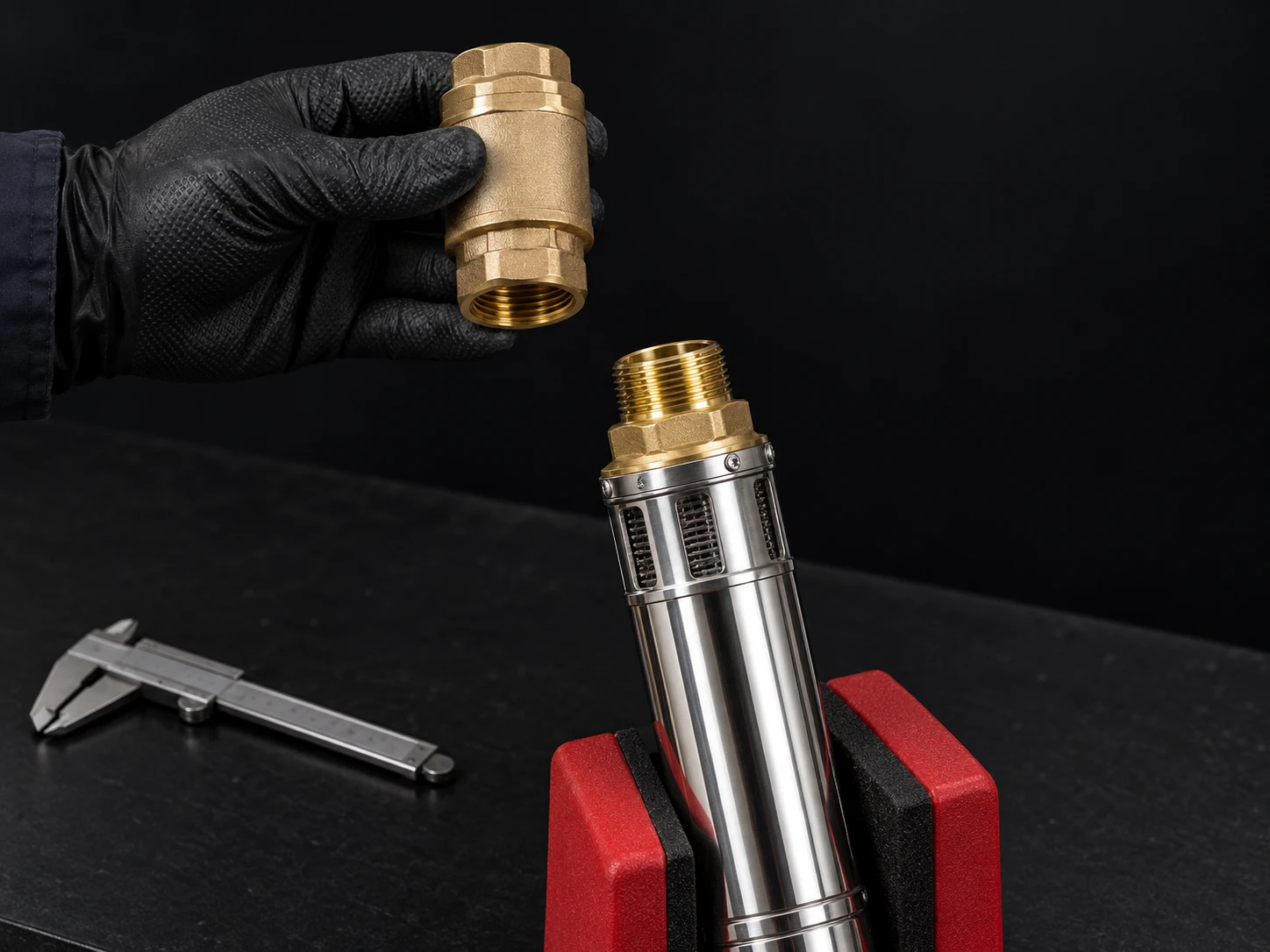 Reference QJ discharge end with separate check valve held above inspection fixture