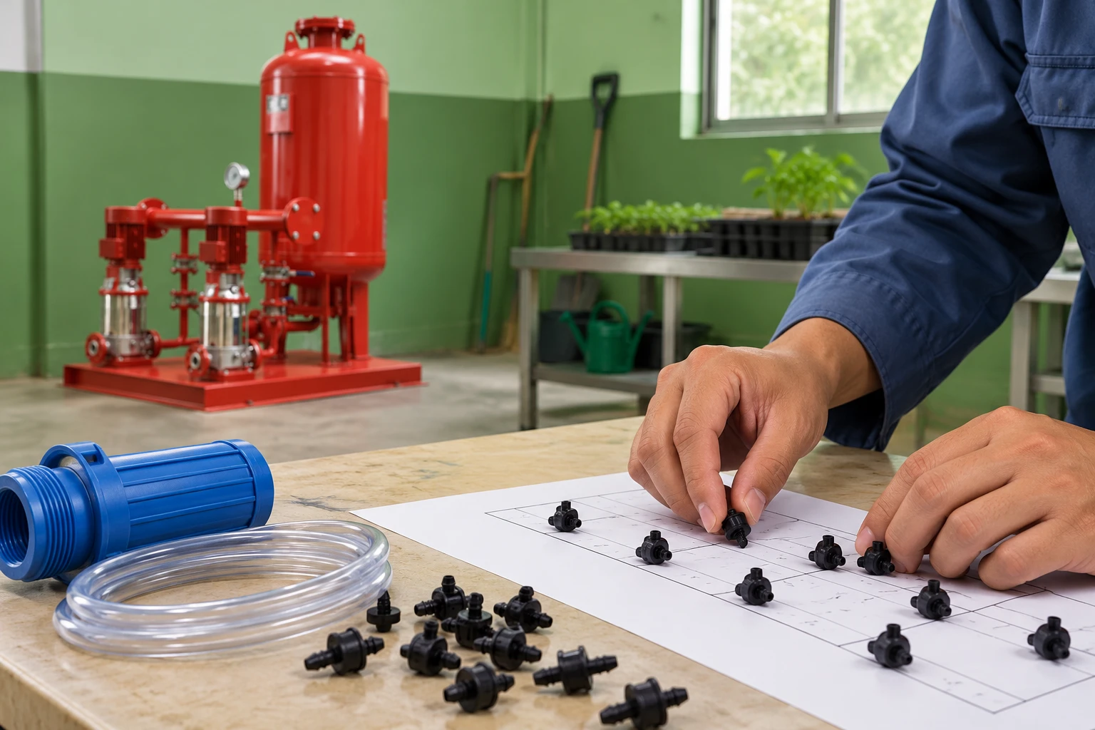 Disconnected drip emitters arranged on zone planning sheet with reference red booster in background