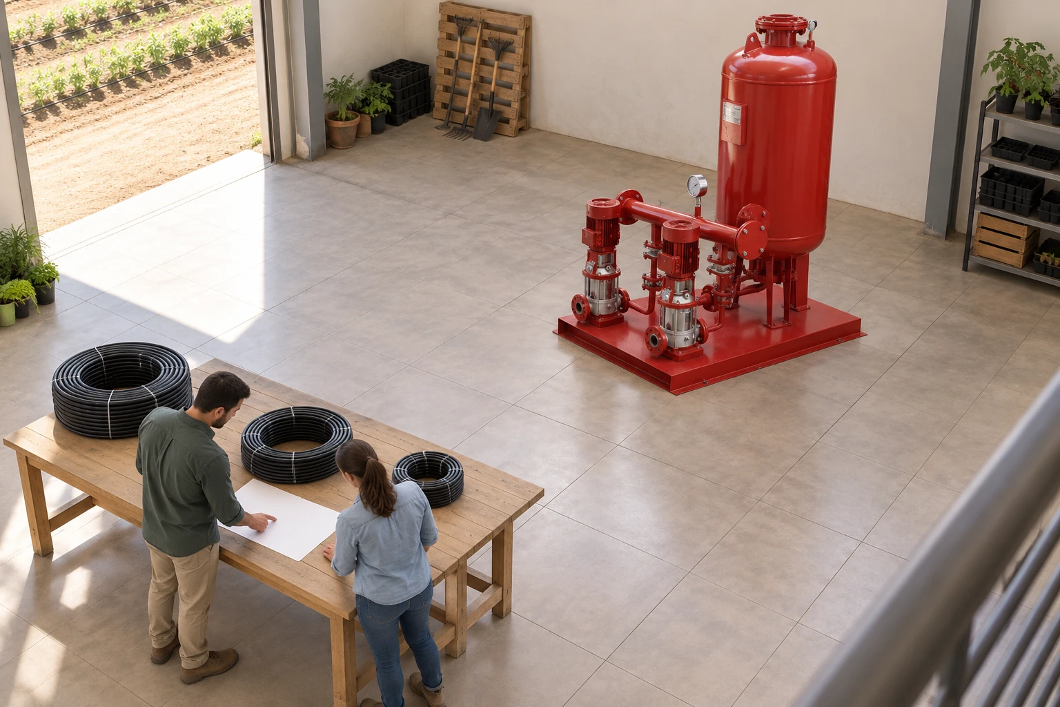 Reference red booster in wide agricultural planning workspace with detached drip tubing