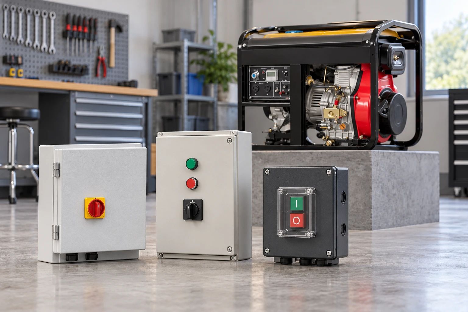 Closed starter enclosures in foreground with reference generator on rear inspection pedestal