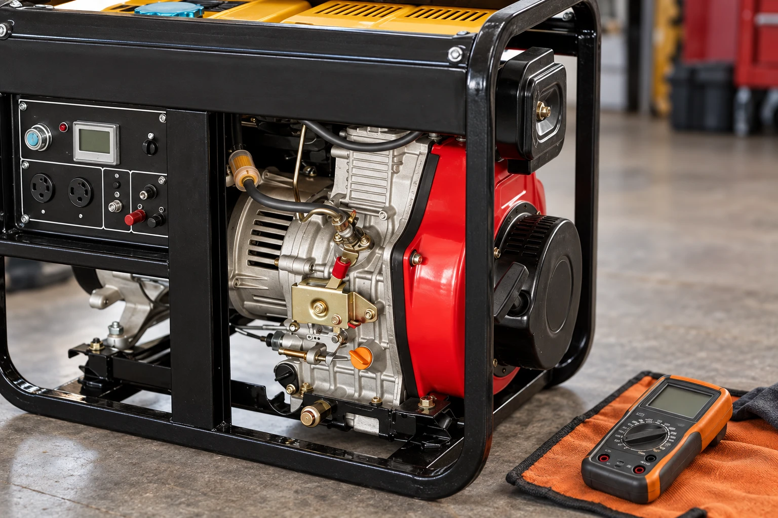 Reference generator engine detail beside disconnected meter on orange tool mat