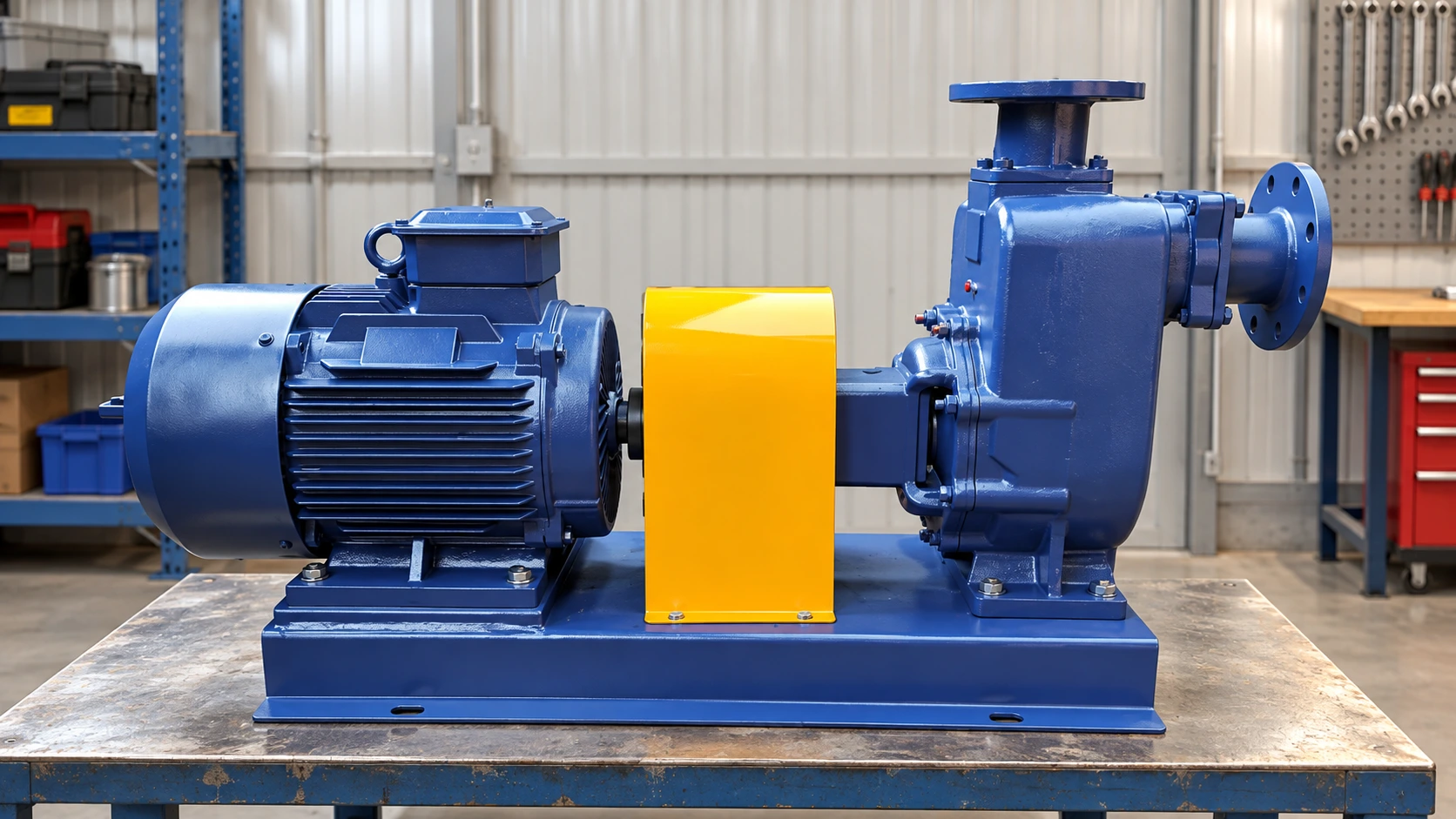 ZX surface water pump with yellow coupling guard in a maintenance shelter