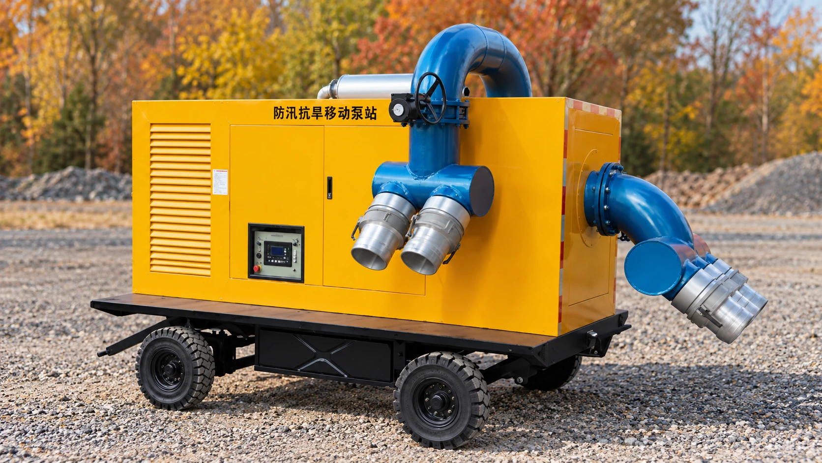 CHWY mobile diesel drain pump parked on a gravel staging area