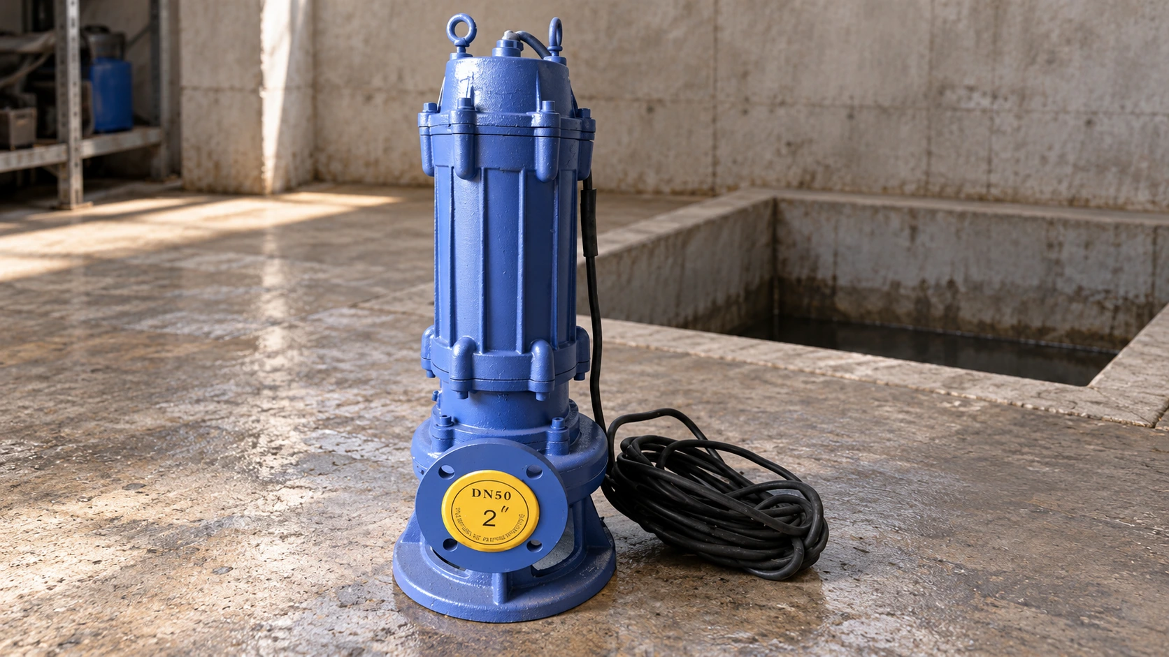 WQ submersible sewage drainage pump and coiled cable beside an empty sump