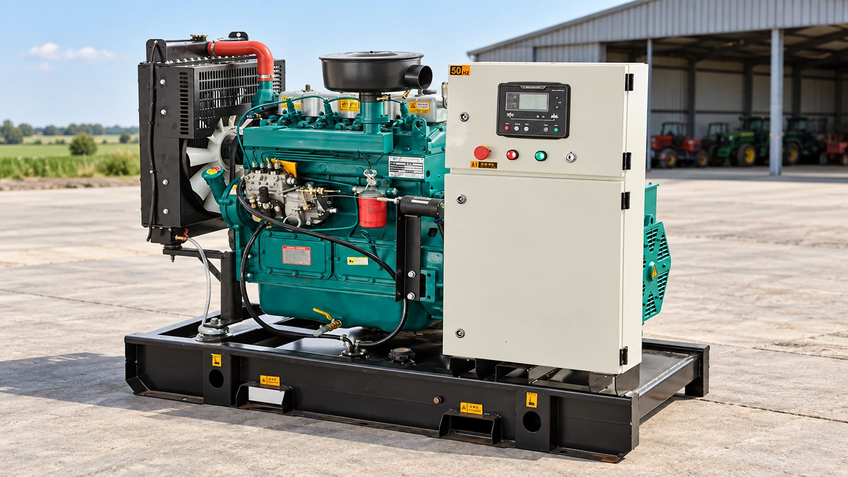 Groupe électrogène diesel ouvert dans un secteur de service illustratif pour les équipements agricoles